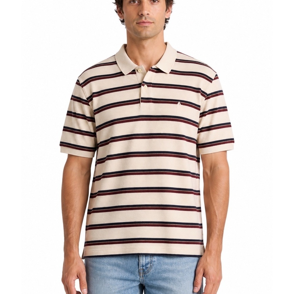 Nautica Knit Striped Polo Men XL Beige 100% Cotton Nautical Prep Golfcore Basic